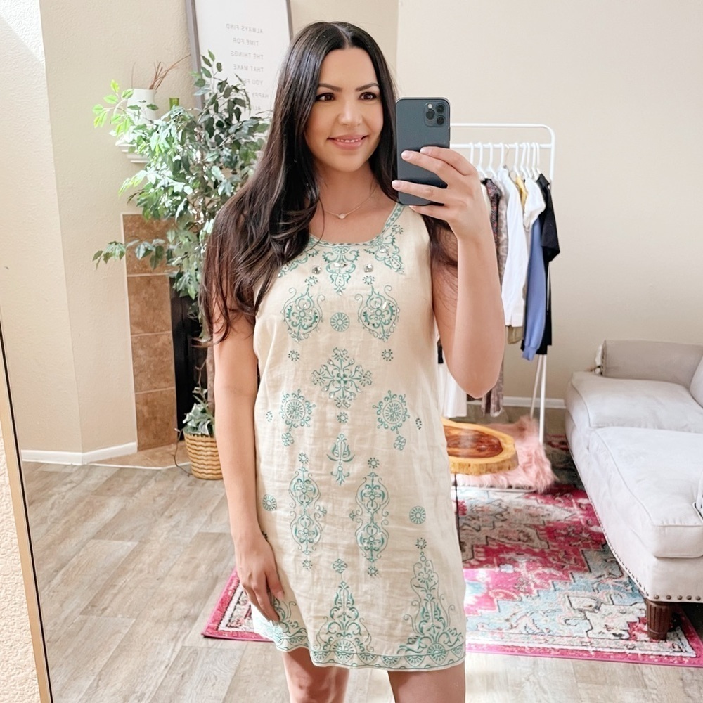 Linen Embroidered Sheath Rhinestone Dress